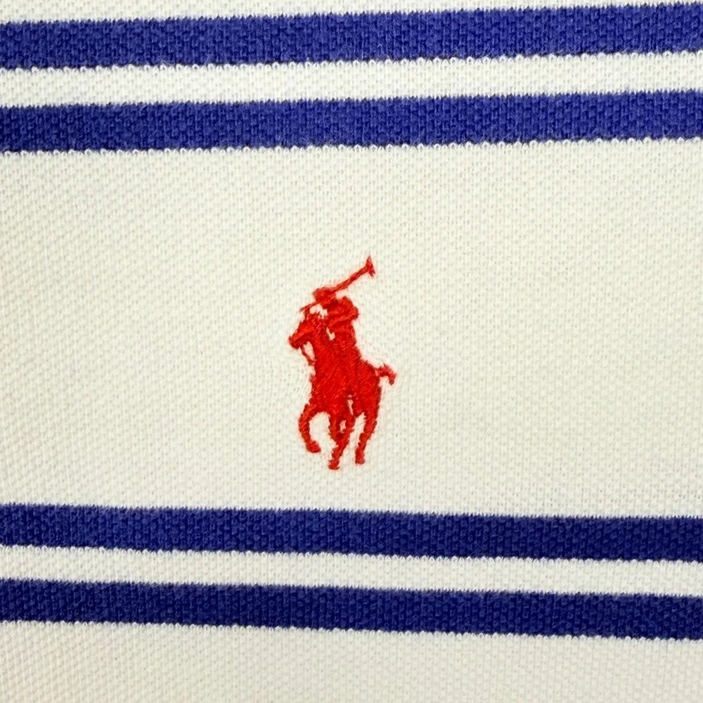 Vintage Polo Ralph Lauren Polo Shirt Men L Blue White Stripe Pony Pique Cotton